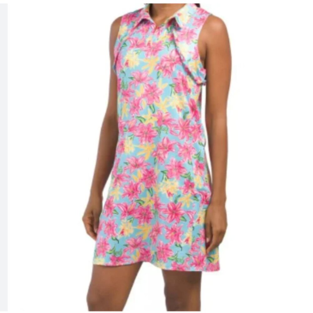 Gottex Dress Women's Small Aqua Flowers UPF‎ 50 Cara Ruffle Golf/Tennis/Pool